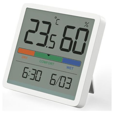 Hygromètre-thermomètre d'intérieur, thermomètre de table numérique avec affichage précis de la température et de l'humidité, thermomètre d'ambiance avec affichage précis de l'humidité et horloge (blan (1/5)