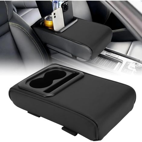Almohadilla de reposabrazos central de cuero sintético, universal para autos, SUV y camionetas, con portavasos, previene la fatiga del brazo en viajes largos (negro) (1/4)
