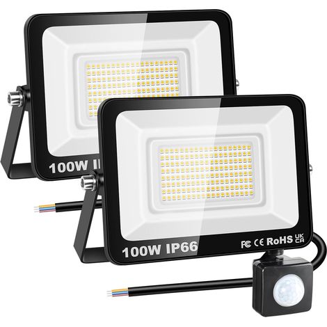 2x 100W Projecteur d'extérieur Led Avec Detecteur de Mouvement, 10000 LM 3000K Blanche Chaud, IP66 étanche Éclairage de Sécurité Extérieur, Projecteur led de Patio Garage Terrasse Jardin