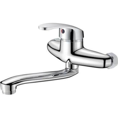 Robinet de cuisine mural, mitigeur, eau chaude et froide, bec pivotant à 360°, chromé (20 cm) (1/5)