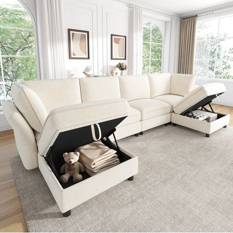 Divano angolare modulare 289x137x84 cm in ciniglia beige con 2 pouf contenitore – MEUBLIV (1/5)