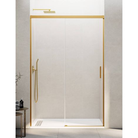 BASIC sliding shower door with fixed panel, 120 cm, clear glass, gold finish (1/5)