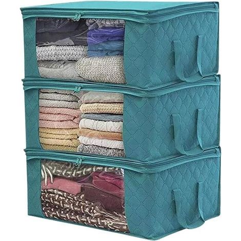 (3 pièces, bleu) Sac de rangement pliable pour vêtements, 49 x 36 x 21 cm, sac de rangement sous le lit, tissu non tissé épais imperméable, adapté aux couettes, couvertures, oreillers, vêtements (1/4)