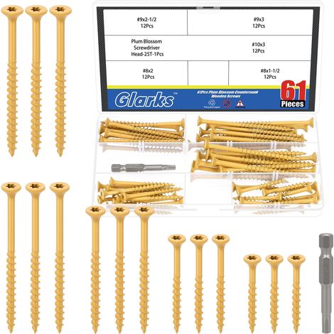 61pcs 8x1-1/2’’, 8x2’’, 9x2-1/2’’, 9x3’’, 10x3’’ Kit de vis de pont, comprend 60pcs Star Torx Drive vis de pont à tête plate et 1pcs T25 Torx Drill Bit (1/5)