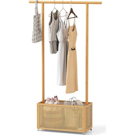 COSTWAY 2 in 1 Porta Abiti in Bambù, Appendiabiti con Cesto di Stoccaggio in Rattan, Stand AppendiAbiti con Ruote per Ingresso Soggiorno Camera da Letto (Naturale) (1/5)