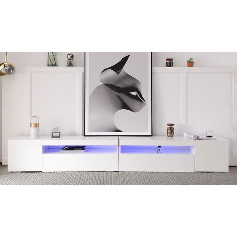 Meuble TV 240 cm blanc moderne, lumineux LED réglable, panneau brillant, meuble bas design pour salon et salle à manger, éclairage décoratif non ultra-brillant. (1/5)