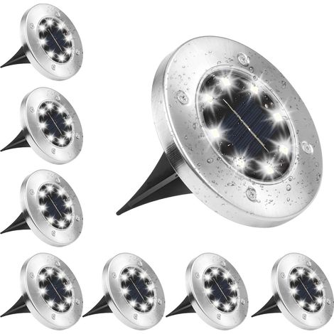 Ensemble de 8 spots solaires encastrables d'extérieur, blanc froid 6000K, étanches IP65, pour allée, jardin, terrasse, cour, pelouse - RW