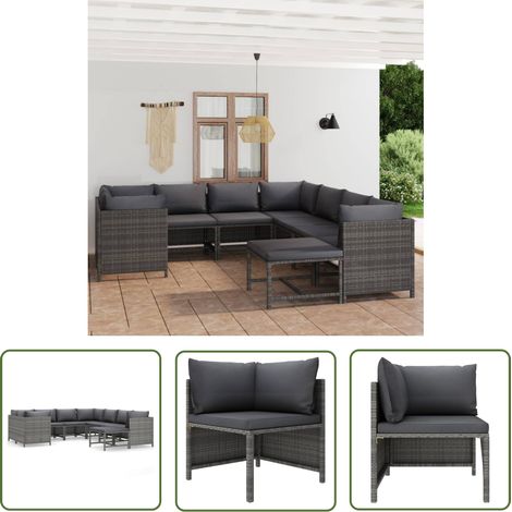 The Living Store Salon de jardin 9 pcs avec coussins Résine tressée Gris - Salon De Jardin - Mobilier De Jardin - Ensemble De Salon - Meubles De Jardin - Résine Tressée (1/5)