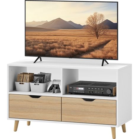TV Schrank Lowboard mit 2 Ablage, Schublade, 99 cm lang Fernsehtisch für Fernseher, TV Board für Wohnzimmer, Weiß (1/5)
