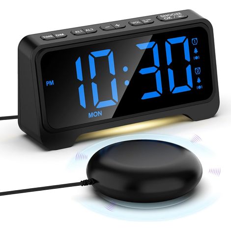 Réveil Extra Fort avec Secoueur de Lit, Réveil Numérique pour Sourd, Malentendantes, Gros Dormeur et Enfants, Alarme Bruyante&Shaker Puissant, Volume à 5 Niveaux, Double Alarm, USB Chargeur, Snooze (1/5)