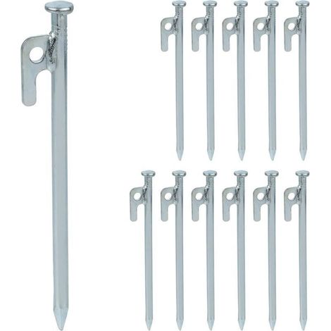 Piquets de Fixation, lot 12, pour tentes, tonnelles, auvents, Crochets en Acier pour sols durs, 20 cm, argenté (1/4)