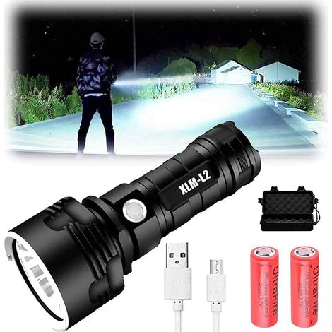 XLM-P70 Lampe Torche LED,30000-100000 Lumens Lampe de Poche Militaire Tactique Ultra Puissante Étanche Torche,Lampe Torche Rechargeable USB (25W-XLM-L2, Double batterie), (P70/L2) (1/5)