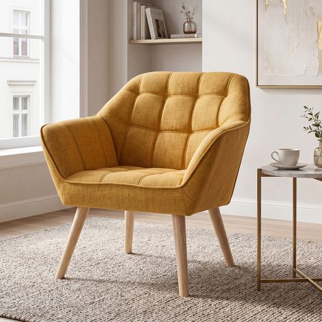 Wahson Fauteuil en Velours, Fauteuil Salon Moderne Fauteuil Scandinave avec Pied Doré Fauteul Rembourré pour Chambre, Jaune