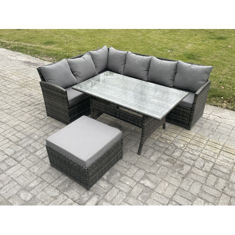 Fimous 7 Seater Rattan Garden Furniture Sets High Back Corner Sofa Rectangular Dining Table Set with Big Footstool Dark Grey Mixed