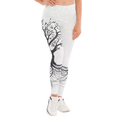 Pantalon De Yoga Taille Haute Avec Imprimé Grand Arbre - Matière Respirante Et Élastique - Pour Sport Et Fitness - Blanc Taille M (1/5)