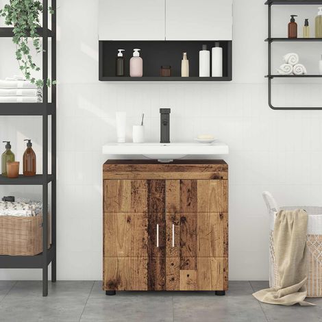 Meuble sous lavabo salle de bain bois d’ingénierie mat bois ancien 60 x 34 x 63 cm - PANGIVO (1/5)