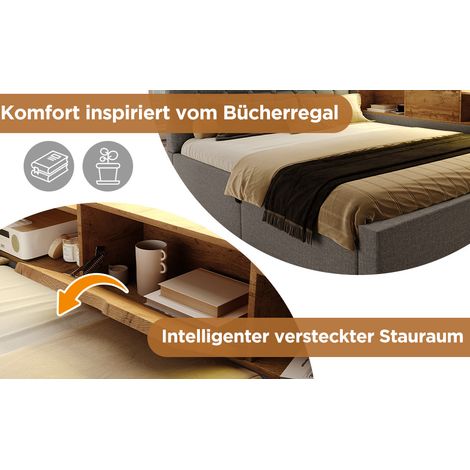 Graues Leinenbett 90x200 cm mit LED und Stauraum, ohne Matratze – MEUBLIV (1/5)