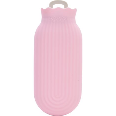 Bouillotte à eau chaude 1ère génération, grande taille 550ml, en silicone et peluche, motif cartoon, antiexplosion, utilisable aussi comme poche de glace, rose. (1/5)