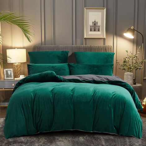 Parure de lit en peluche 155x220 cm Vert foncé gris Hiver Chaud Pastel Parure de lit réversible Toucher cachemire avec toison corallienne Housse de couette avec fermeture éclair et 2 taies (1/5)