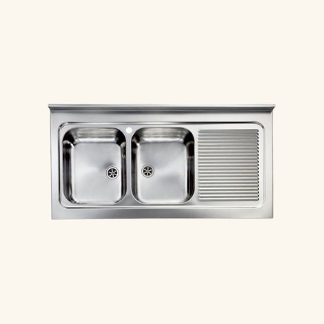 Cuisissimo – Évier professionnel à poser inox 120x60 cm – 2 bacs – Évacuation manuelle – Position égouttoir droite – Bonde et siphon inclus (1/2)