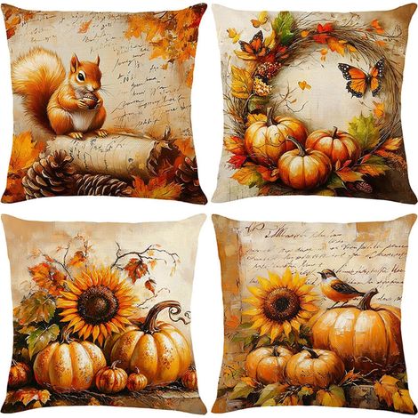 Fundas de cojín de otoño, 45x45 cm, juego de 4, estampado floral vintage, calabaza decorativa, para sofá, cama, funda de cojín de ardilla naranja (1/5)