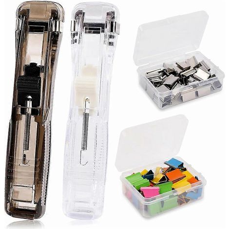 Tragbarer Spender mit 2 Büroklammern, 100 Nachfüllpackungen Büroklammern und Mini-Druckknopfhefter. (1/5)