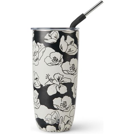 Gobelet en acier inoxydable avec paille et couvercle coulissant, 700 ml, motif fleurs au fusain, triple couche d’isolation sous vide, garde les boissons froides 18 h et chaudes 5 h, sans BPA (1/5)