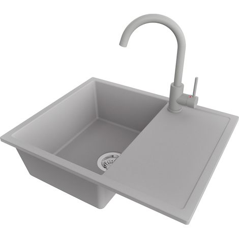PRIMAGRAN Evier Cuisine en Granit 62x50cm,Lavabo 1 bac + Robinet 32x20cm + Kit de Vidage, Évier à Encastrer au meuble 45cm - Ibiza, Gris (1/5)