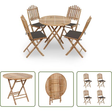 The Living Store 5-tlg. Garten-Essgruppe mit Kissen Klappbar Bambus - Bambus Möbel - Gartentisch - Gartenstühle - Esstisch - Esszimmerset (1/5)