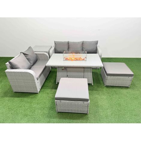 Fimous 7 Seater PE Rattan Wicker Garden Furniture Patio Conservatory Sofa Set with Firepit Dining Table 3 Seater Sofa Love Sofa 2 Big Footstool Side Table (1/4)