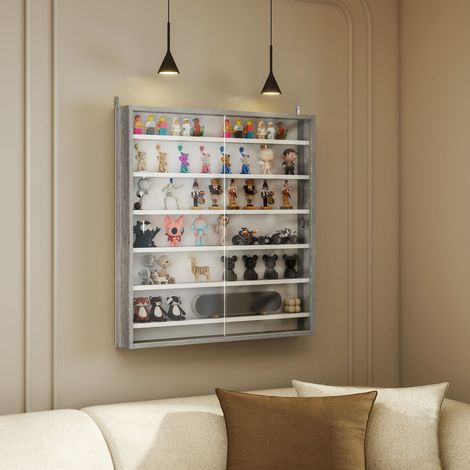Bacheca Portaoggetti a 5 Ripiani Regolabili in Legno con Ante in Vetro, 80x9.5x83 cm, Bianco e Grigio (1/5)