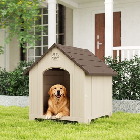 Caseta elevada para perros con techo inclinado y rejillas de ventilación, PP, 102x94x103 cm, Beige y Marrón Oscuro (1/5)