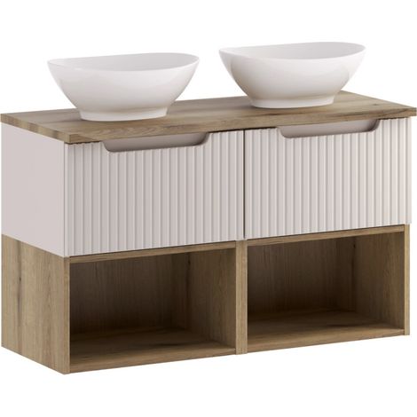 Meuble salle de bain double vasque suspendu NOVA Taupe 100cm avec plan de travail effet chêne et vasques LOLA