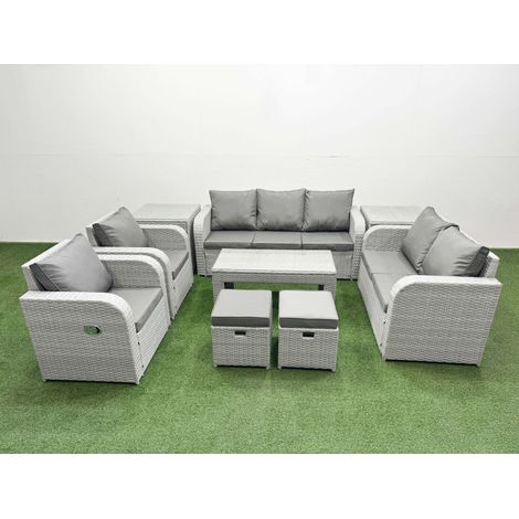 Fimous PE Rattan Garden Furniture Set Adjustable Chair Sofa Double Love Seat 2 Seater Sofa Lounge Set Rectangular Coffee Table 2 Stools 2 Side Table Light Grey (1/4)