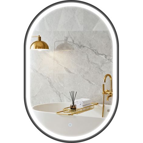 HOMCOM espejo de baño con luz, 60x90 cm, espejo de pared ovalado, 3 colores de luz, brillo regulable, función antivaho, memoria, táctil, negro (1/5)