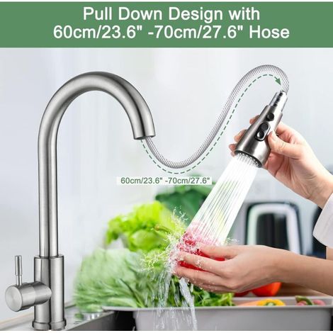 Robinet Cuisine avec Douchette Extensible Mitigeur Cuisine Robinet de Rotatif à 360°, 3 Modes de Réglage du Débit D'eau, Argent brossé