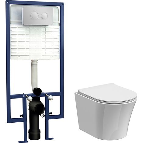 Baswich Round Wall Hung Toilet Pan, Soft Close Seat & Concealed Cistern with Round Push Button Plate, 325mm - Balterley