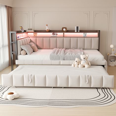 Divano letto estraibile 90x200 cm in velluto beige con LED, salvaspazio, senza materasso – MEUBLIV (1/5)
