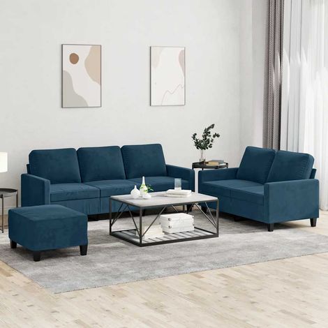 3-tlg. Sofagarnitur mit Kissen Blau Samt (1/5)