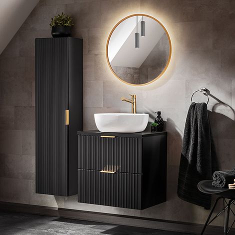 Badezimmer Möbel Set, 60cm Waschtisch mit Keramik Aufsatzbecken, matt schwarz mit gerillter Front, ADELAIDE-56-BLACK, B/H/T ca. 110/200/46,5 cm (1/5)