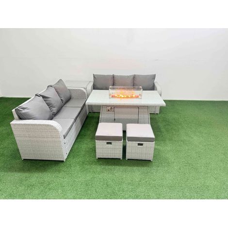 Fimous Outdoor Garden Furniture Sets 8 Seater Wicker Rattan Furniture Sofa Sets with Firepit Dining Table high Back Lounge Sofa Stools Side Table Light Grey (1/4)