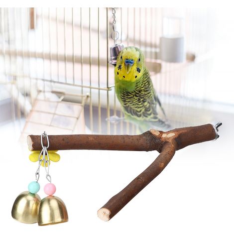 Perchoir en bois naturel pour oiseaux, support pour perroquet, jouet à mâcher et à mordiller, accessoires de cage, clochette jaune (1/5)
