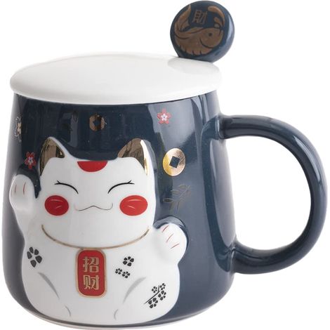 Tasse en Relief - Décors Chat Maneki Neko - Teinte Bleue - Accompagnée de sa cuillère - Décoration Japonaise - Idée Cadeau Japon Asie (1/4)