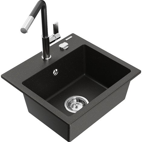 Mexen Milo 1-Becken-Granitspüle mit Mischbatterie Flora, Schwarz/Gold metallisch - 6505-75-670401-07 (1/5)