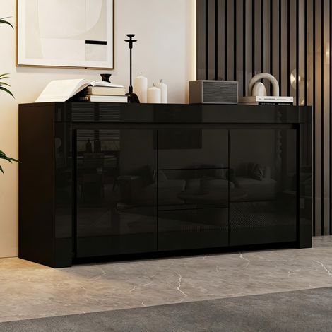 Aparador 140x40x65 cm con 2 puertas, 3 cajones, LED y estantes regulables, MDF negro brillante (1/5)