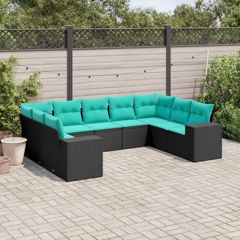 9-teiliges Gartensofa-Set mit Kissen, schwarzes Polyrattan (1/5)