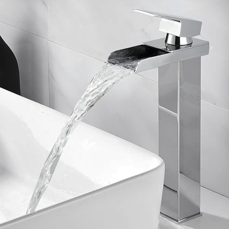 Wasserfall-Waschtischarmatur, Hochauslauf-Waschtischarmatur, verchromter Edelstahlkorpus, modernes Design (1/5)