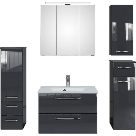 Badezimmer Komplett Set mit Glaswaschbecken TRENTO-66 in anthrazit Glanz, B/H/T: ca. 167/200/50 cm (1/5)