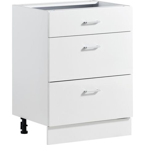 Meuble Bas en Kit, Élément Bas à 3 Tiroirs, 60x47,5x81,5 cm, Blanc, Rangement pour Salle de Bain Cellier Buanderie, Chants Plaqués, Caisson de Cuisine sans Plan de Travail, Coulissement Fluide (1/5)