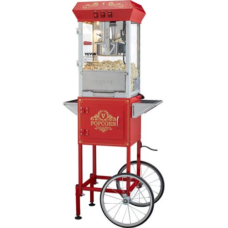 Machine à pop-corn rouge avec chariot 850 W, cuve 225 g pour 48 tasses, couvercle en verre trempé, 4 cuillères incluses.